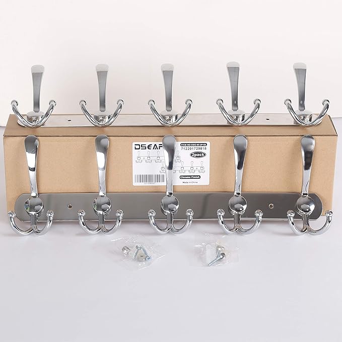 Dseap Wall Mounted Coat Rack - 5 Tri Hooks, Heavy Duty, Stainless Steel, Metal Coat Hook Rail for Coat Hat Towel Purse Robes Mudroom Bathroom Entryway (Chromed, 2 Packs)
