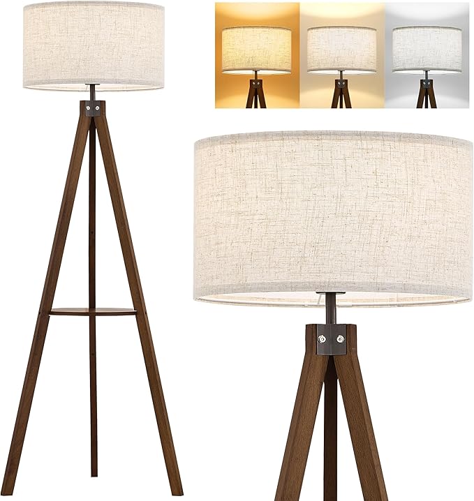 ELYONA Tripod Floor Lamp with Table, Mid Century Wood Shelf Standing Light Modern Tall Floor Lamp with Linen Shade for Living Room Bedroom Office,Dark Brown, 3 Color Temperatures LED Bulb Include