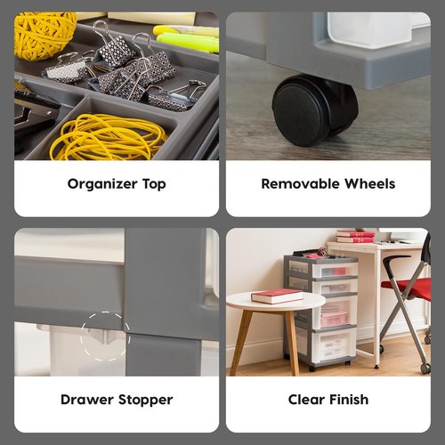 IRIS USA Rolling Storage Cart - Versatile Organizer for Classroom & Art Supplies | 4 Drawers, Gray/Clear