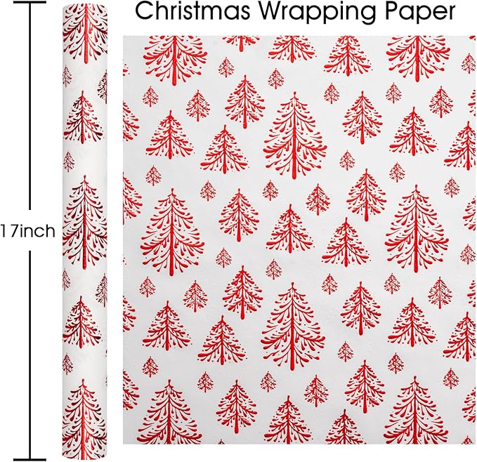 Flyhill Kraft Christmas Wrapping Paper-White 3D Embossed Gold Foil Christmas Pine Tree with Woodlands for Holiday, Party,Celebration, New Year (17 Inch X 32.8 Feet)