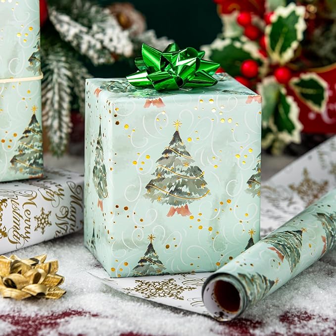 MAYPLUSS Christmas Wrapping Paper Roll, Green Tree Wrapping Paper, Watercolor Green Christmas Tree and Snowflake Gift Wrap w/Metallic Foil Shine for Holiday Gift Packaging (17 Inch X 16.5 Feet)