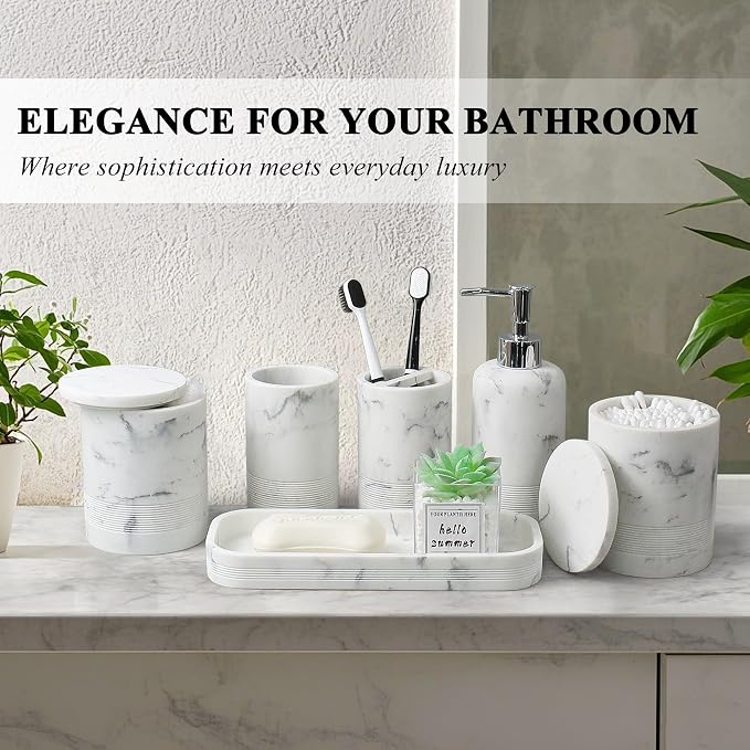 LIN CHUAN 6-Piece Bathroom Accessories Set, Organizer Set with Soap Dispenser, Toothbrush Holder Set, Vanity Tray, Tumbler & 2 Cotton Swab Jars – Modern Stylish Bathroom Storage(Marble White)