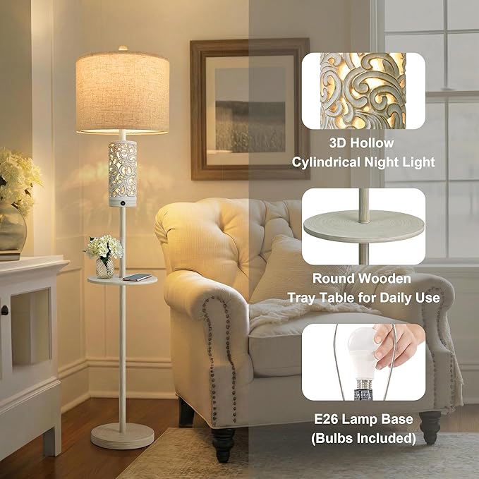 OYEARS Dimmable Farmhouse Floor Lamp for Living Room, 2-in-1 Rustic Floor Lamp with Main&Night Light,Linen Shade&Dual Switches, 65" Standing Lamp for Bedroom Office Corner Dining Room, Wood Pole Lamp