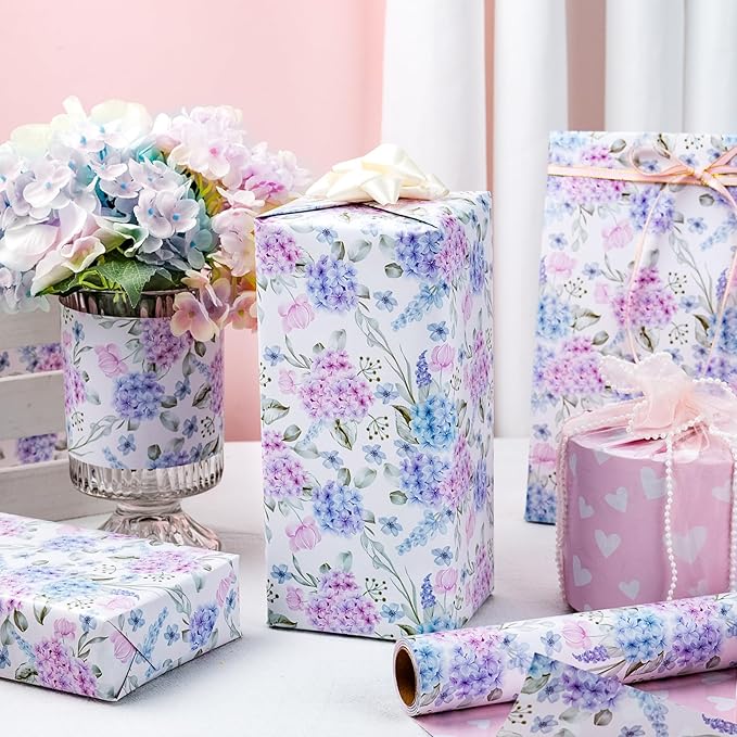 Yarcony Blue Floral Wrapping Paper Roll - Mini Roll,17 Inch X 33 Feet - Elegant Watercolor Hydrangea Flower Gift Wrap for Wedding, Bridal Shower, Anniversary, Mother's Day, Birthday