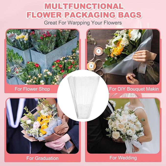 YELARXI Clear Flower Wrapping Bags, Transparent Flower Packaging Bag Waterproof Bouquet Sleeves with Lace - Fitting for (Florists/Floral Arrangements Supplies), 11.0x3.1x15.7 Inch & 100Pcs
