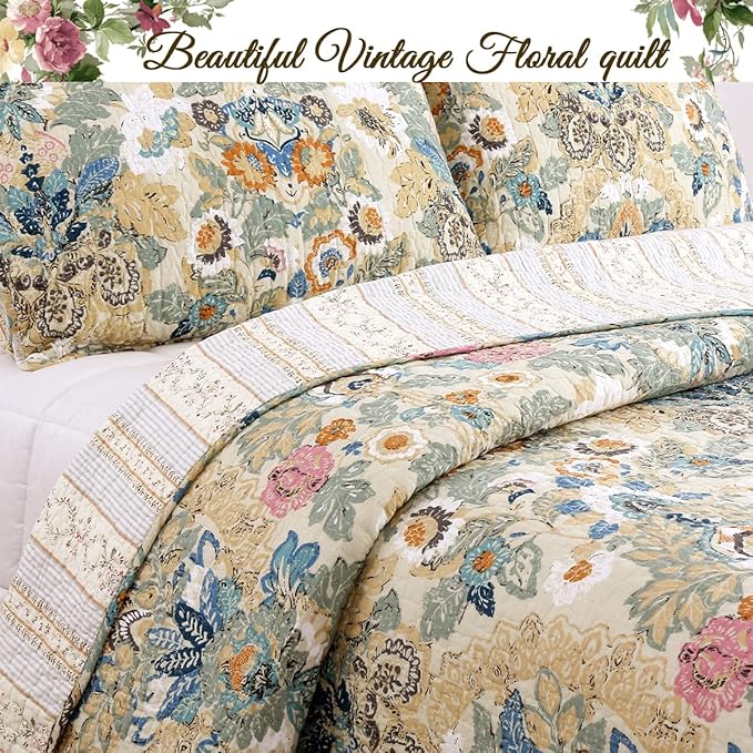Cozy Line Home Fashions Luxury Classic Bedding Quilt Set, 100% Cotton Beige Blue Floral Pink Flower Bohemian Style Reversible Bedspread Coverlet (Art Painting, Queen - 3 Piece)