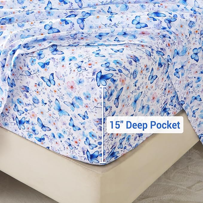 Softan Twin Floral Sheets, Microfiber Blue Flower Printed Fitted Sheets with Non-Slip Corner Straps and 15" Deep Pocket, Butterfly Patterned Cozy Bed Sheets, Single Sheets & Pillowcase Sets