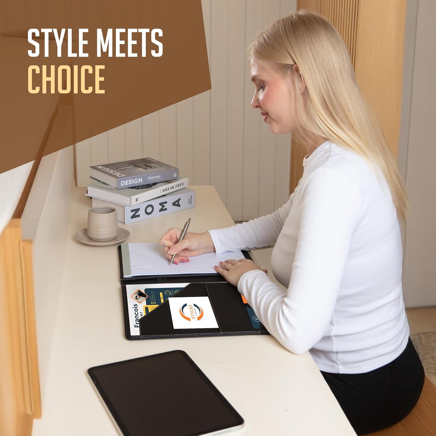 Skiennix Padfolio Organizer - Elegant Faux Leather Interview Resume Folder | Letter-Sized Notepad & Business Card Holder | Piano Noir Finish