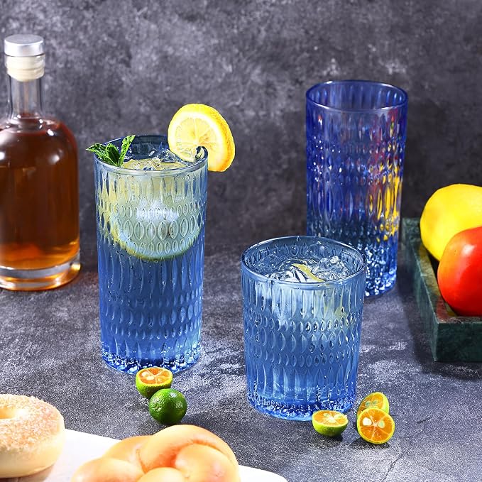 Loivttvv Glassware Drinking Glasses Set of 8, 14 oz Highball Glasses & 10 oz Ribbed Glass Cups, Vintage Glassware for Water, Juice, Cocktail, Whiskey (Blue)