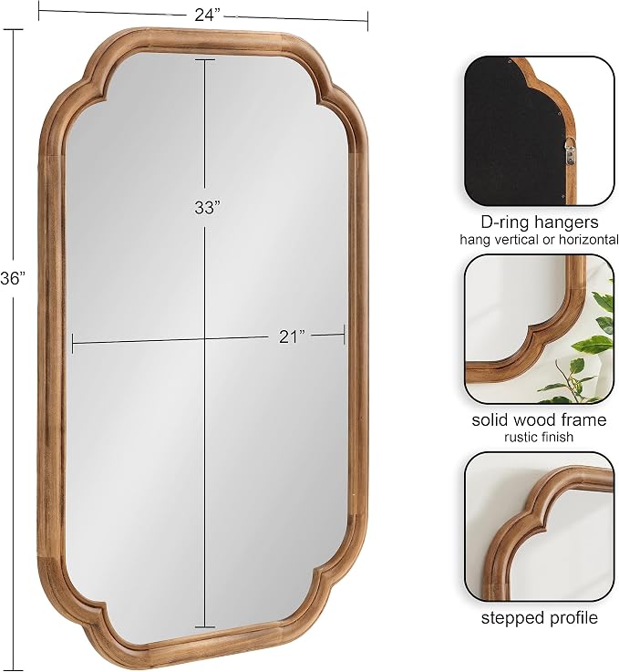 Kate and Laurel Glenby Transitional Scalloped Wall Mirror, 24 x 36, Rustic Brown, Wooden Farmhouse Bathroom Mirror with Rounded and Stepped Frame Profile