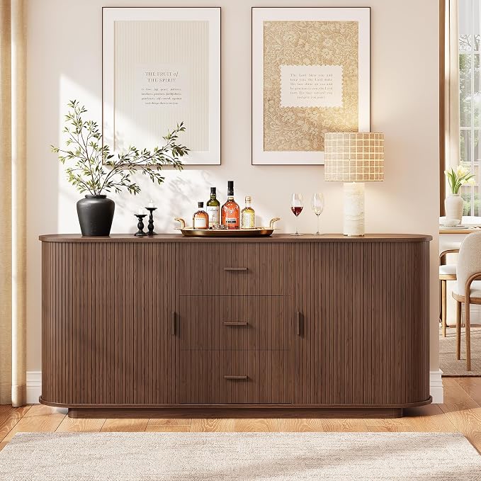 ONBRILL 63" Fluted Sideboard Buffet Cabinet with 3 Drawers & 2 Doors, Mid-Century Modern Buffet Sideboard Cabinet with Storage, Coffee Bar Table with Adjustable Shelf for Kitchen, Living Room, Walnut