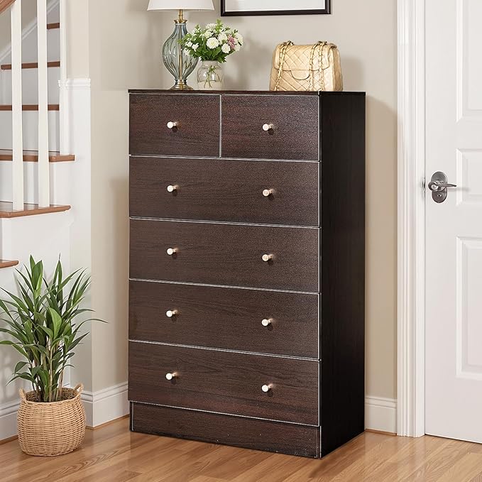 Karl home Brown 6 Drawer Dresser for Bedroom, Modern Wood Dresser Chest of Drawers, Bedroom Modern Nightstand, Anti-Tipping Device, Rose Gold Metal Handle, Living Room, Hallway, Office