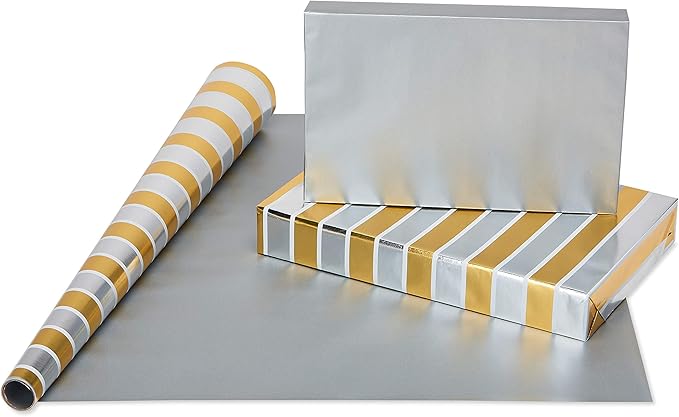 American Greetings Foil Wrapping Paper Rolls for Christmas, Weddings or Any Occasion, Metallic Gold and White Holiday Gift Wrap (80 sq. ft., 4 Rolls-30 in. x 8 ft., Reversible) Stripes, Polka Dots