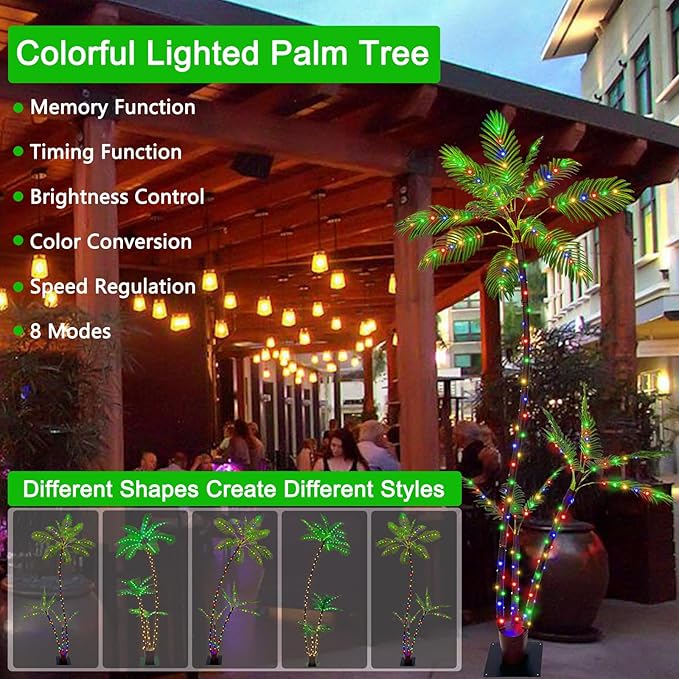 7FT Lighted Artificial Palm Tree with Three Trunks and 242 LED Lights with Remote Control and App Waterproof for Tiki Bars, Patios,Beaches,Yards Pool, Cruise Party-Warm White to Multicolor