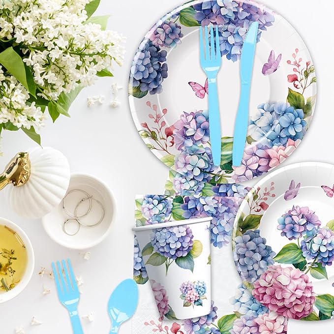 Hydrangea Floral Plates and Napkins Party Supplies - Paper Plate, Cup, Napkin, Fork - Flower Hydrangea Birthday, Bridal, Baby Shower, Wedding Decorations | Serve 24