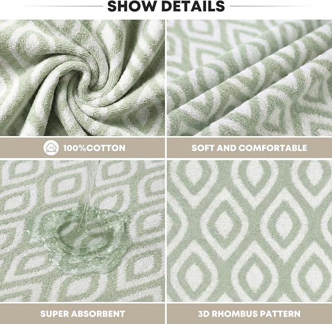 Artoid Mode 1 Pc Beige Green Diamond Grid Jacquard Hand Towels for Bathroom, 100% Cotton Soft Absorbent Bathroom Decor Towels, 13.7 x 29.5 Inch