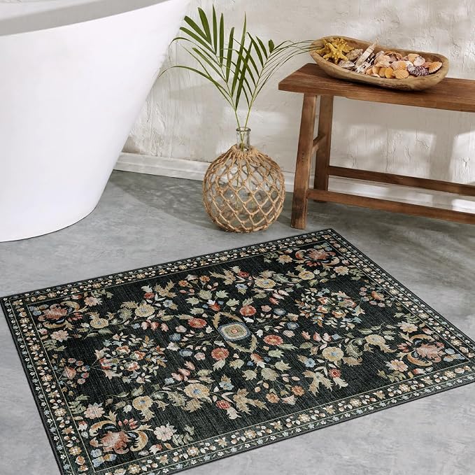 MUJOO Small Rug Washable,Black 2x3 Area Rugs for Entryway,Floral Front Door Mat Indoor Entrance Entry Way,Boho Kitchen Bathroom Floor Rug Throw Carpet Non Slip Low Pile Vintage