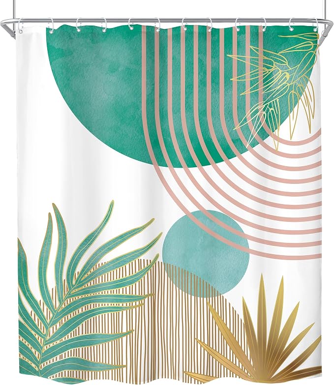 KOMLLEX Mid Century Green Pink Boho Shower Curtain 60Wx72L Inches Abstract Modern Shower Curtains for Bathroom Decor Plant Botanical Minimalist Arch Sun Fabric Liner Waterproof Polyester 12 Pack Hooks