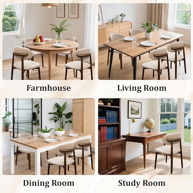 Farmhouse Dining Chairs Set of 4, Mid Century Modern Fabric Upholstered Kitchen Chairs, Wooden Dining Room Chair with Curved Back for Kitchen Dining Room Restaurant Cafe, Light Camel (Only Chairs)