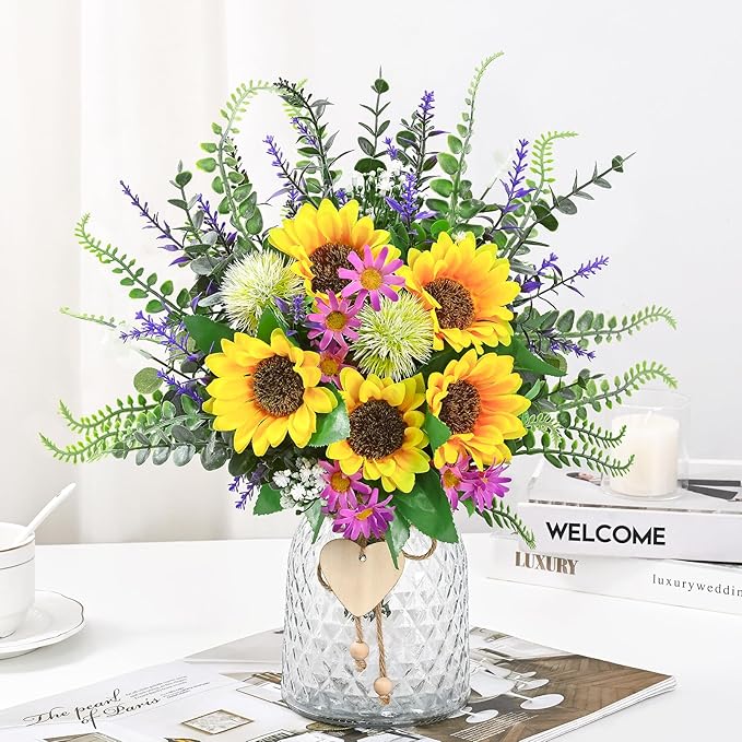 MARTINE MALL Fake Flowers in Vase, Sunflowers Artificial Flowers, Faux Flowers in Vase Centerpiece Table Decorations Silk Sunflower Bouquet Table Centerpieces for Dining Room Coffee Table Decor