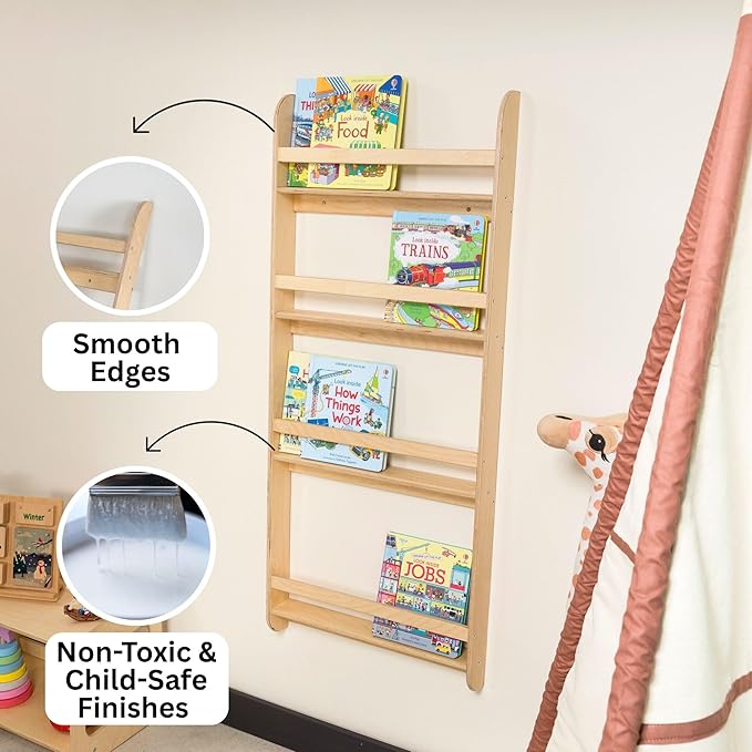 Montessori Wall-Mounted Bookshelf for Toddlers Toy Storage Shelf Organizer for Playroom and Classroom Floor Bookshelves for Kids Room (Natural, L, 4)