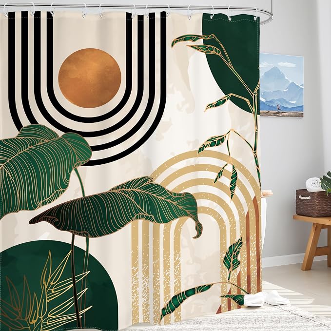 Glawry Green Boho Mid Century Shower Curtain Extra Long Abstract Retro Tropical Palm Tree Plant Sun Arch Minimalist Bathroom Modern 72Wx96L Inches Bath Accessories Art Home Decor Fabric 12 Pack Hooks