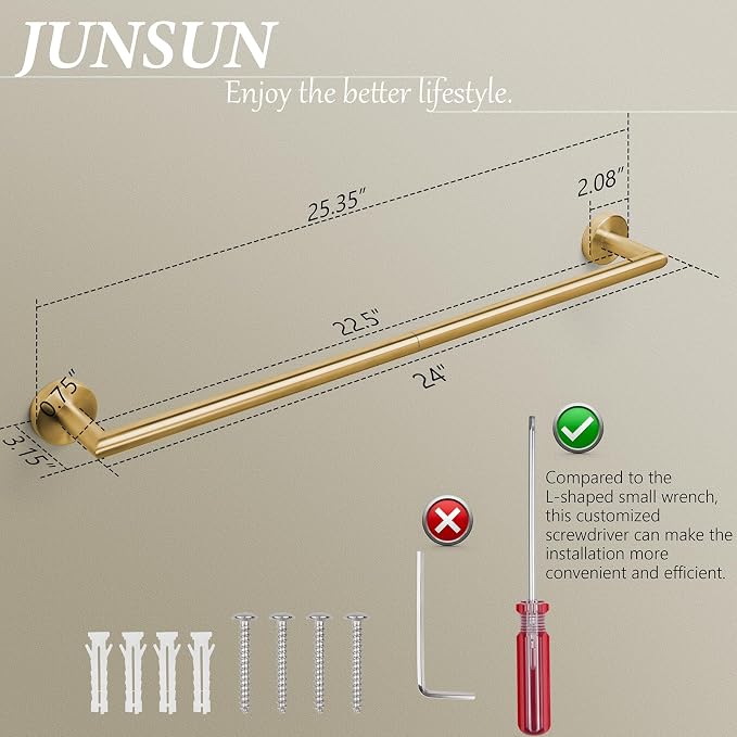 Bathroom Towel Bar 24 Inch Towel Rack Wall Mount Bath Towel Holder Modern Towel Rod Gold Bath Towel Hanger Stainless Steel Brushed Brass Bathroom Accessories Towel Rail Single Towel Bars Brushed Gold