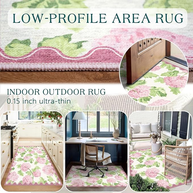 3x5 Entryway Rug - Small Washable Indoor Outdoor Mats for Front Door Non-Slip Porch Rug Boho Pink Floral Throw Rugs for Living Room Girls Bedroom Entryway Kitchen Office Front Porch Decor