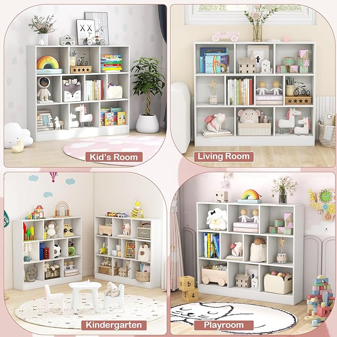 HONEY JOY Kids Toy Storage Organizer, 10-Section Wooden Floor Storage Cabinet, 41” Daycare Toy Chest, 3-Tier Kids Display Bookshelf for Classroom, Playroom & Nursery, Kindergarten (White)