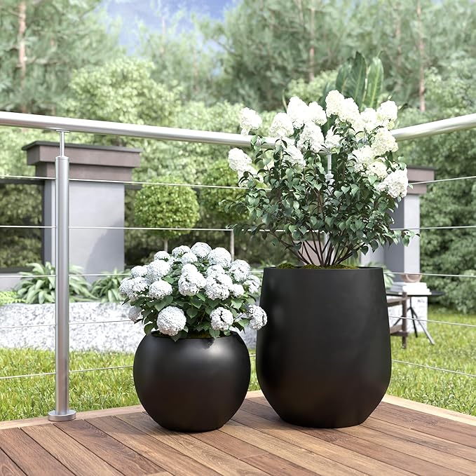 DTY Signature Mount Sherman Modern Indoor Outdoor Fiberstone Sphere Planter, Durable Round Garden Pot, Weather Resistant, Drainage Hole & Rubber Plug, Planter for Christmas Tree - Large, Black
