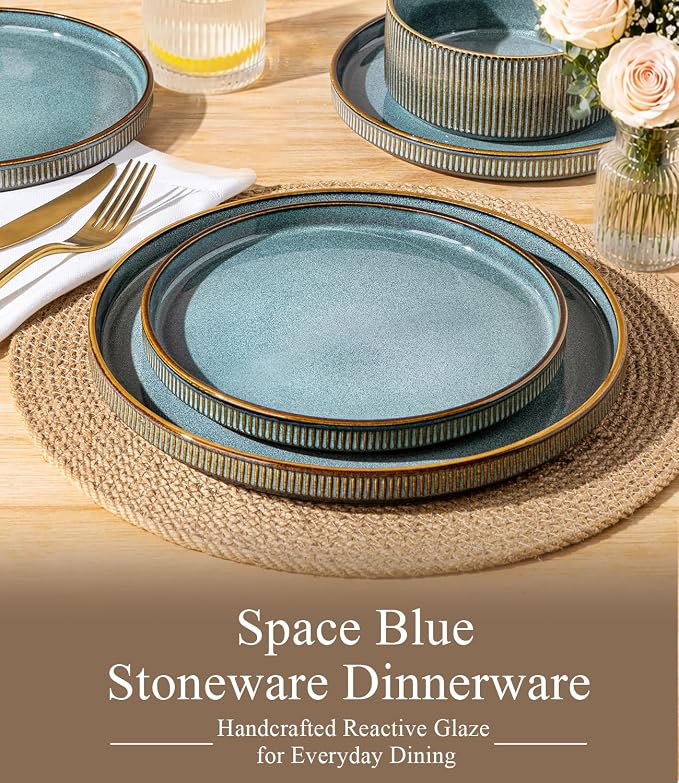 GBHOME 12-Piece Stoneware Dinnerware Set for 4 – Ribbed Ceramic Plates and Bowls, Scratch-Resistant, Microwave & Dishwasher Safe, Reactive Glaze-Space Blue