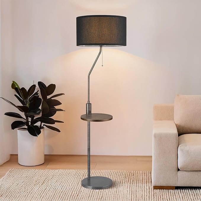 ELYONA C Shaped End Table Floor Lamp with USB A+C Charging Ports Wood Side Table Modern Reading Light Black Linen Shade Farmhouse Tall Standing Lamp for Living Room Bedroom Office LED Bulb Included