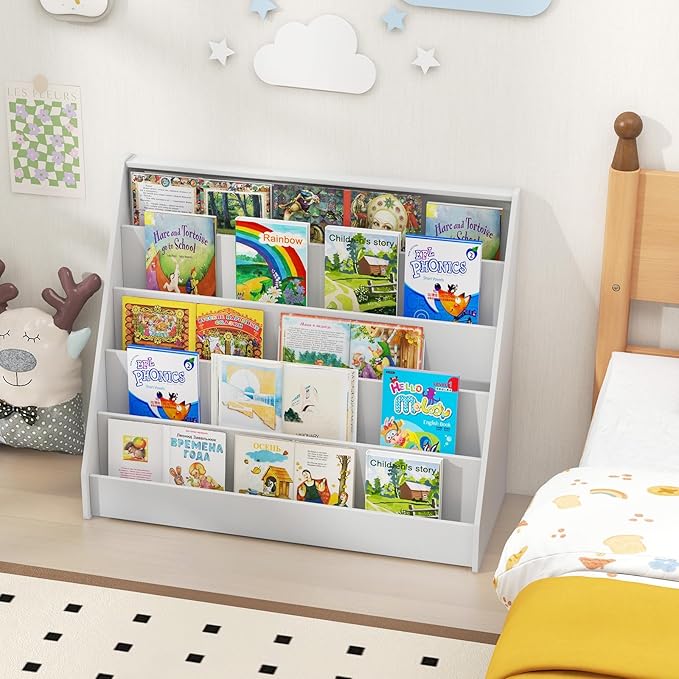 Costzon 5-Tier Kids Bookshelf, Wooden Children Bookcase, Toddler Book Rack, Magazine Storage & Display Shelf, Book Shelf for Kids Room, Living Room, Nursery, Classroom (White)