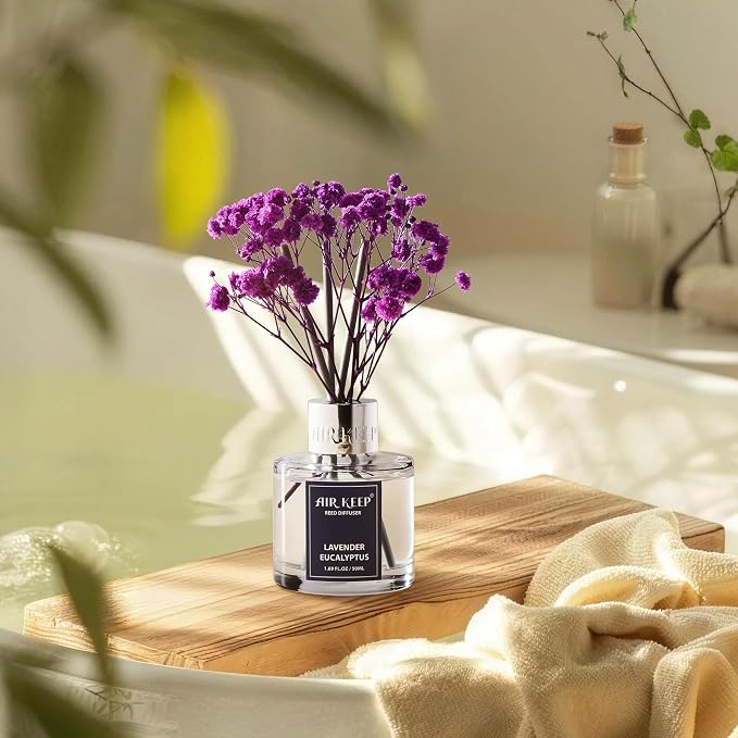 Airkeep Reed Diffuser Set,1.69 fl oz (50 ml) - Lavender Eucalyptus Oil Diffusers with 8 Reed Sticks,Home Fragrance Reed Diffuser for Bathroom Shelf Decor