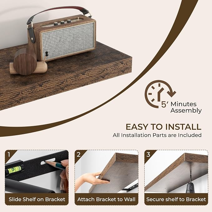 RICHFOCUS 16Inch Floating Shelves for Wall 2 Pack Shelves for Bedroom|Kitchen|Bathroom Wall Mounted Rustic Wood Floating Shelf with Invisible Brackets for Books|Storage|Decor, Rustic Brown