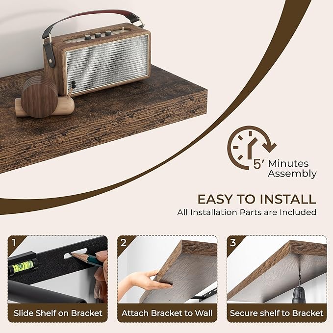 RICHFOCUS 40Inch Floating Shelves for Wall 1 Pack Shelves for Bedroom|Kitchen|Bathroom|Laundry Room Rustic Wood Wall Mounted Shelf with Invisible Brackets for Books|Storage|Decor, Rustic Brown