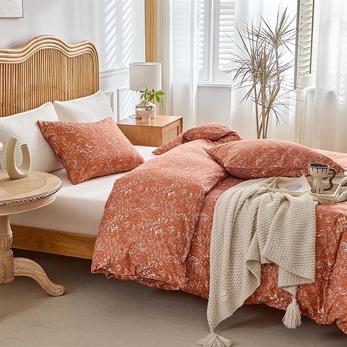mixinni 3 Pieces Duvet Covers King Size, 100% Cotton Comforter Cover Wildflower Printed on Pumpkin Floral Bedding Set with Zipper Closure 4 Ties (1 Duvet Cover 104"x90", 2 Pillow Cases 20"x36")