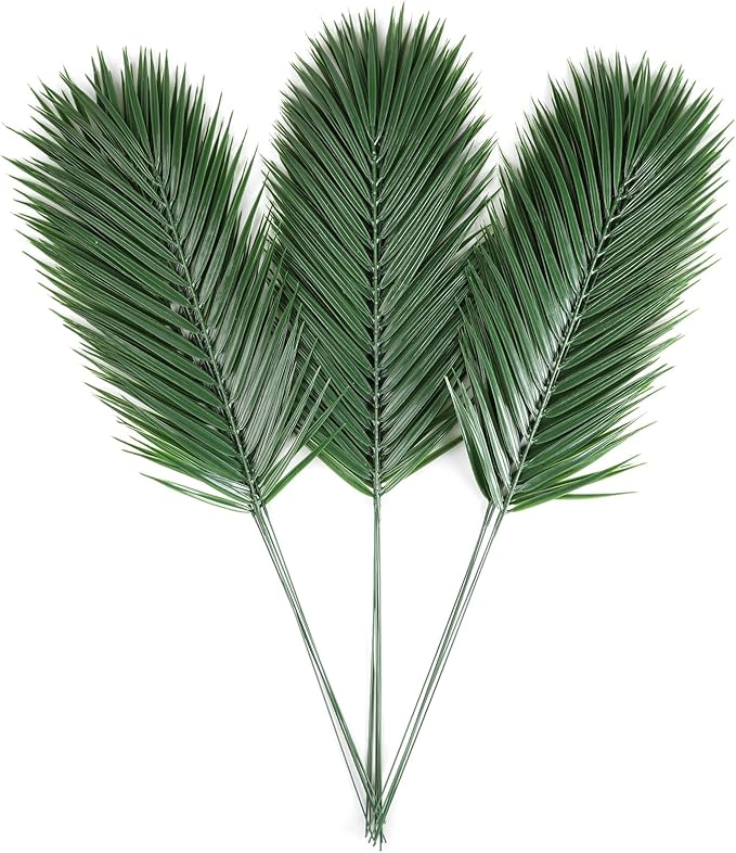 CCINEE 16 PCS Artificial Palm Leaves, Faux Large Palm Fronds Fake Tropical Plant Simulation Safari Leaves with Stems for Home Hawaiian Luau Party Jungle Beach Theme Party Decoration
