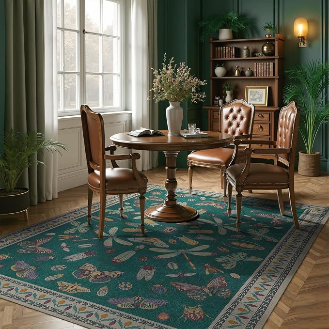 DCX 8x10 Washable Insect Rug, Vintage Gothic Deep Teal Rug with Non-Slip Rubber Backing, Soft Low-Pile, Stain-Resistant, Kid & Pet Friendly, for Living Room, Bedroom, Office, and Nature-Themed Decor