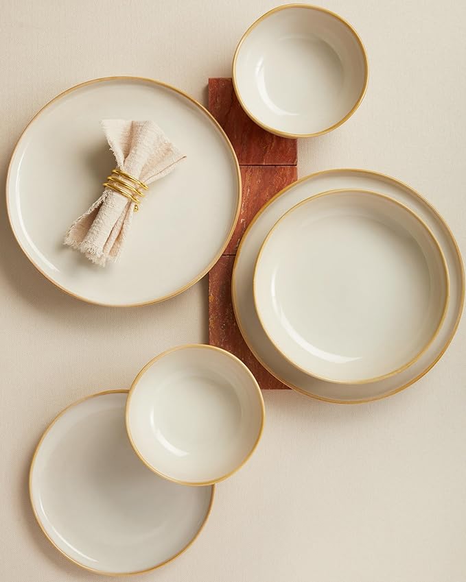 Pokini Ceramic Plates and Bowls Set, Everyday Dinnerware Set for 4, Wavy Rim Kitchen Dish Set, Chip Resistant Dishware Sets, Dishwasher Safe Dinner Set, Designed for Simple Meals, Yellow White