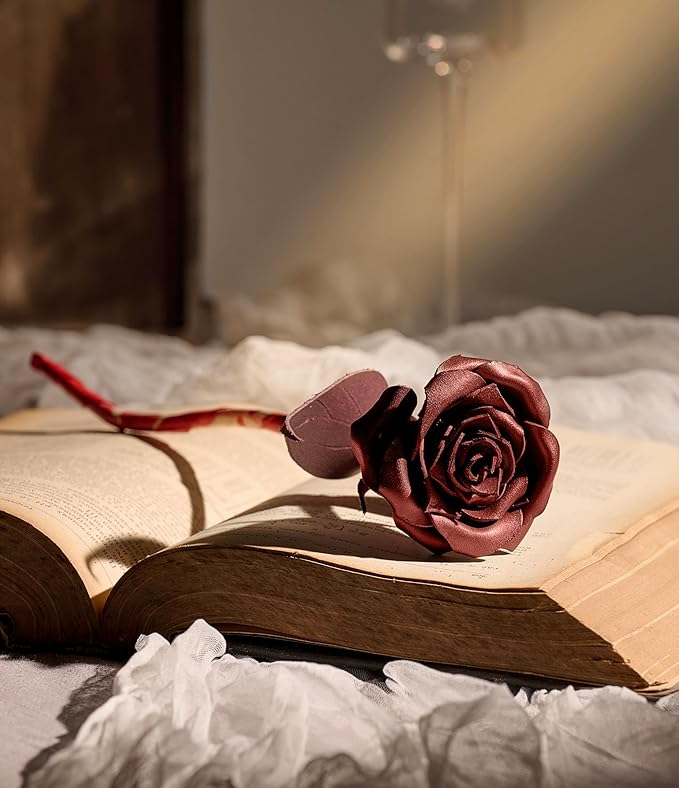 Handcrafted Genuine Leather Rose with Stem, Red, Gift Box Presentation, Lifelike Artisan Flower for 3rd Wedding Anniversary, Mother's Day (Dark Red)