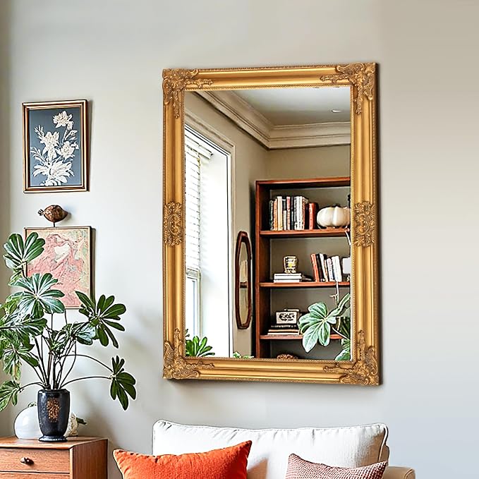 TRAHOME 24"x36" Vintage Gold Baroque Wall Mirror, Ornate Antique Style Decorative Mirror for Entryway, Living Room, Fireplace Mantel, Hallway