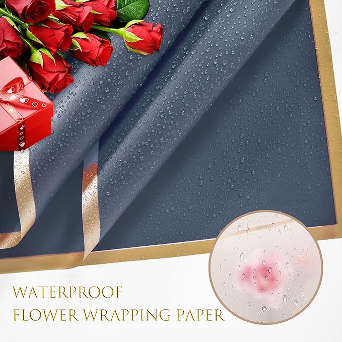 Luerbi 40 Sheets Grey Flower Wrapping Paper, Gold Edge Waterproof Floral Wrapping Paper, 22.8x22.8 inch Bouquet Paper Wrap with 2 Rolls Ribbon for Wedding Birthday Gift DIY Crafts Florist Supplies