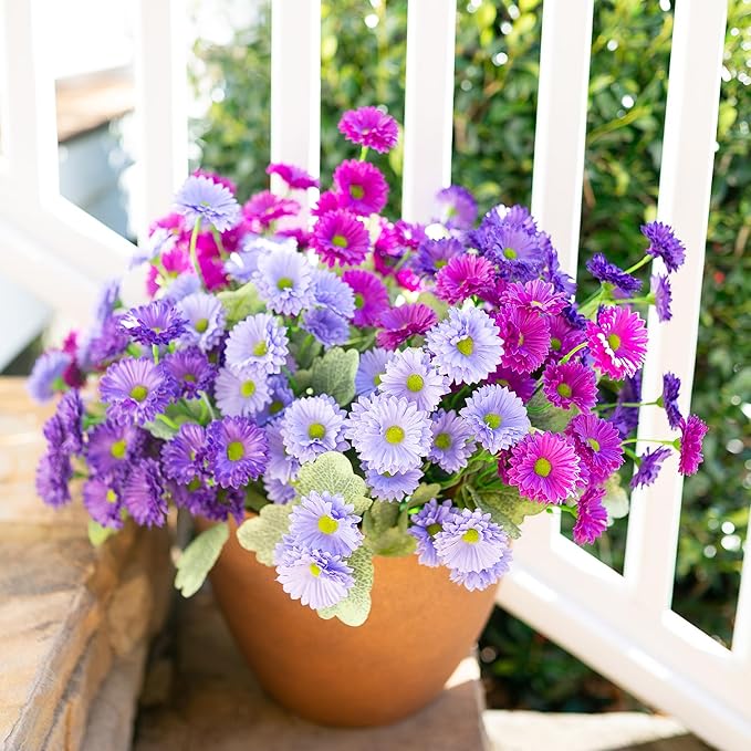 HyeFlora Dahlia Artificial Flowers for Outdoors Winter Decoration, 6 Bundles Fake Daisy Faux Plants Realistic UV Resistant Silk Flowers for Outside Planter Front Door Yard Garden Indoor Home, Mix