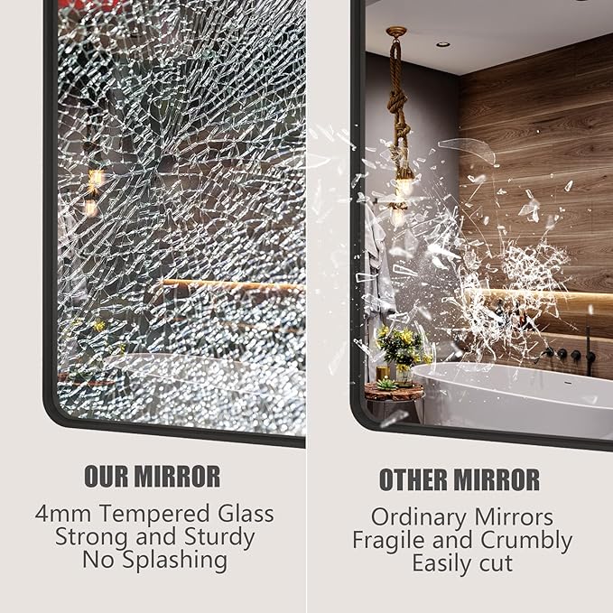 66x40 Inch Black Metal Framed Bathrrom Mirror for Wall, Large Black Matte Rounded Rectangle Bathroom Vanity Mirror, Anti-Rust, Shatterproof, Hangs Horizontally or Vertically