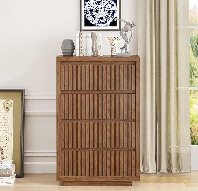 Fluted 4 Drawer Dresser, Mid Century Small Dresser for Bedroom, Wood Chest of Drawers, Modern Closet Clothes Organizer, Walnut Wooden Storage for Living Room, Brown