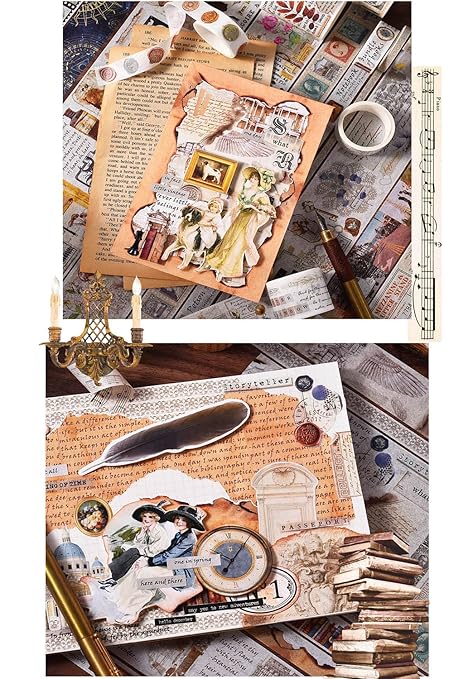 18 Rolls Vintage Washi Tape Set, Castle Stamp Music Retro Masking Tape 5/10/15/20/25/30/50/75mm Wide 6.56ft Long Decorative Scrapbook Tape for journaling, Scrapbooking Supplies, Junk Journal Craft