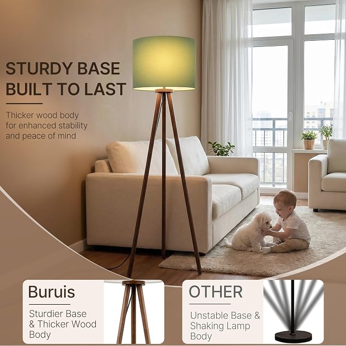 Buruis 60.6" Solid Wood Tripod Floor Lamp with 15.7" Large Linen Shade, Mid-Century Walnut Finish Standing Lamp for Living Room, Bedroom, Office, Corner, UL Listed, Bulb Not Included, Green