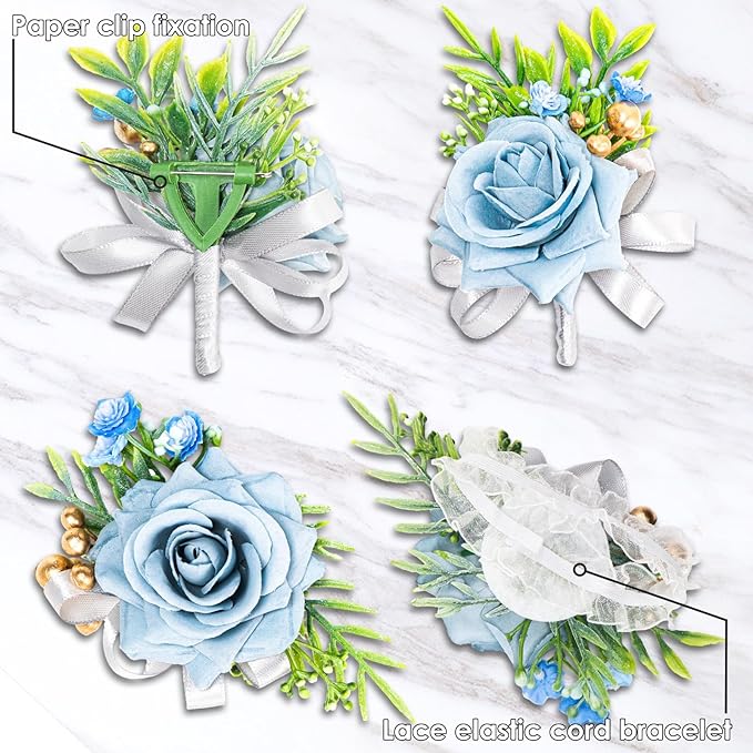 2 Pcs Blue Rose Wrist Corsage and Boutonniere Set, Rose Corsage Hand for Women, Boutonniere for Men Wedding Artificial Flowers Accessories Prom Decor, Wedding Flower Party Accessories (Blue)
