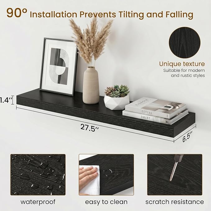 Dreamland Floating Shelves for Wall, 27.5 Inch Long Shelves, Wall Decor for Bedroom, Kitchen, Living Room & Book Storage, Mounted Floating Shelf with Invisible Brackets, Set of 2, Black